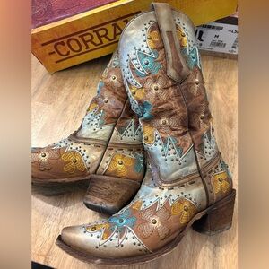 Corral Leather Boots with Turquoise and Yellow Embroidery